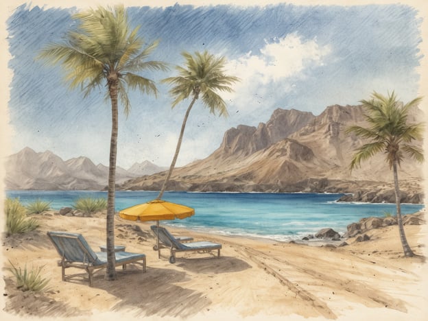 Auf dem Bild ist eine malerische Küstenlandschaft zu sehen, die an die Kapverden erinnert. Die Szene zeigt feinen Sandstrand mit Liegestühlen und einem Sonnenschirm, umgeben von Palmen. Im Hintergrund erhebt sich eine bergige Landschaft, die typisch für viele der kapverdischen Inseln ist.Inselhopping auf den Kapverden bietet die Möglichkeit, die verschiedenen Inseln zu erkunden, die jede ihre eigene Schönheit und Kultur haben. Von den überragenden Stränden von Sal bis zu den vulkanischen Landschaften von Fogo gibt es viel zu entdecken. Die entspannte Atmosphäre und das klare Wasser machen diese Reise zu einem unvergesslichen Erlebnis.
