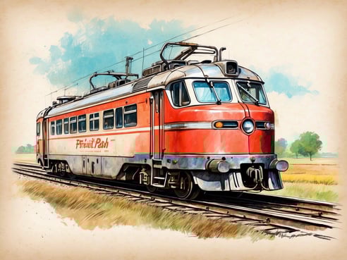 Ein rot-weißer Triebwagen steht auf einem Schienenstrang in einer ländlichen Umgebung. Der Zug hat große Fenster und eine nostalgische Form, die an frühere Zeiten erinnert. Der Hintergrund zeigt eine sanfte Graslandschaft mit vereinzelten Bäumen und einem schönen blauen Himmel. Die Szene strahlt eine ruhige und entspannte Atmosphäre aus, die perfekt für einen Ausflug im Freizeit-Land Geiselwind geeignet ist.