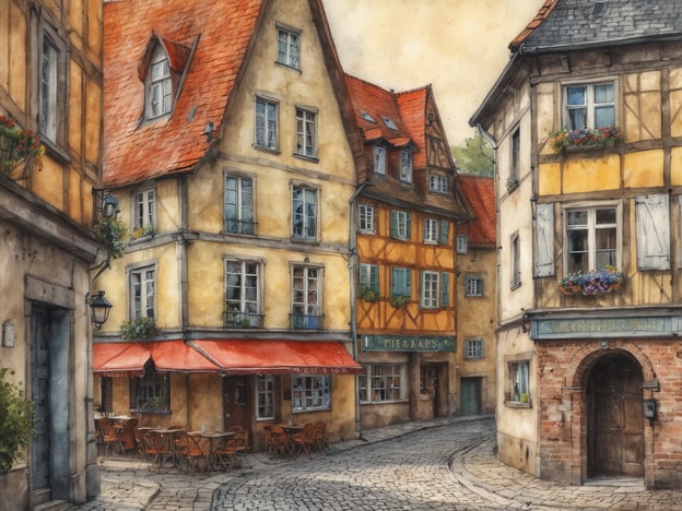 Auf dem Bild ist eine malerische, historische Straßenszene zu sehen, die an eine typische Stadt in Norddeutschland erinnert. Die engen Gassen sind gesäumt von charmanten, bunten Häusern mit Satteldächern und schmalen Fenstern. Einige der Gebäude haben Fachwerkarchitektur, die für viele Regionen Norddeutschlands charakteristisch ist.
Im Vordergrund gibt es ein kleines Café mit roten Tischdecken, das einladend wirkt. Blühende Pflanzen hängen aus den Fenstern, und die Steinstraße verleiht der Szene ein nostalgisches Flair. Die Beleuchtung und die warmen Farben vermitteln eine Atmosphäre von Gemütlichkeit und Geschichte, die typisch für viele norddeutsche Städte ist.