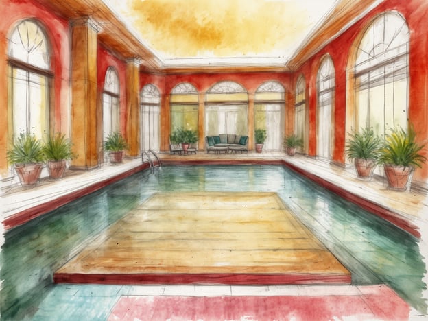 Ein Innenraum mit einem glücksbringend gestalteten Swimmingpool, umgeben von großen Fenstern, die viel Licht hereinlassen. Die Wände sind in warmen, terrakottafarbenen Tönen gehalten, während das Wasser im Pool sanft schimmert. In den Ecken stehen verschiedene Topfpflanzen, die eine entspannende Atmosphäre schaffen. Am Beckenrand gibt es eine Holzplattform, die das Bild von Luxus und Erholung unterstreicht. Im Hintergrund sind bequeme Sitzmöbel sichtbar, die einen einladenden Bereich zum Entspannen bieten.
