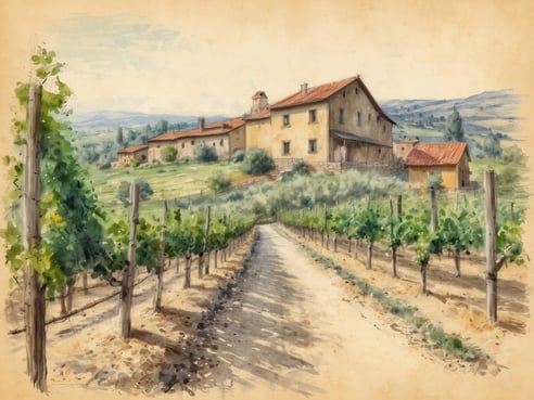 Eine malerische Szenerie im Weinbaugebiet, die eine sanfte Straße zeigt, die zwischen Reihen von Weinstöcken verläuft. Im Hintergrund ist ein charmantes, gelbes Landhaus mit roten Dachziegeln sichtbar, umgeben von sanften Hügeln und Weinbergen. Die Landschaft ist von einer ruhigen und idyllischen Atmosphäre geprägt, die perfekt für einen Wellness Urlaub in der Pfalz geeignet ist. Schöner blauer Himmel ergänzt das friedliche Bild.