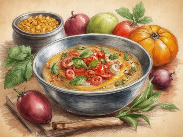 Auf dem Bild ist eine köstliche, wahrscheinlich saisonale Suppe zu sehen, die reich an frischen Zutaten ist. Die Suppe enthält kleine Tomaten, die für ihre Süße und Frische bekannt sind, und wird durch frische Kräuter wie Basilikum und eventuell Koriander verfeinert.
Um die Schüssel herum liegen bunte, frische Zutaten: ein orangefarbener Kürbis, der oft in Herbstgerichten verwendet wird, grüne und rote Äpfel, die sowohl roh als auch in Kompottform beliebt sind, sowie eine violette Zwiebel, die eine essentielle Geschmacksbasis in vielen Gerichten bietet. Neben der Suppe ist ein Behälter mit was aussieht wie Mais, was eine beliebte Zutat in vielen regionalen Küchen ist.
Die Anordnung der Zutaten deutet auf eine Kombination aus gesunden, lokalen Aromen hin, ideal für eine herzhafte Mahlzeit, die die Vielfalt und Frische regionaler Erzeugnisse feiert.