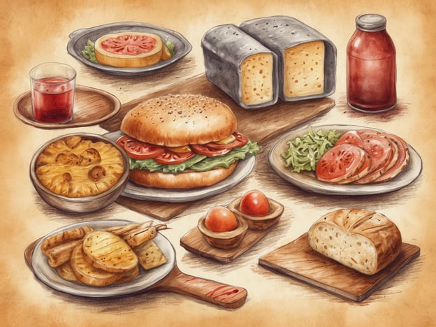 Auf dem Bild sind verschiedene kulinarische Highlights und lokale Spezialitäten zu sehen.
1. **Burger** – Ein klassischer Hamburger, belegt mit frischen Tomaten und Salat, typisch für viele Regionen.
2. **Kartoffelgerichte** – Eine Schüssel mit einer Kartoffelspezialität, möglicherweise ein Auflauf oder Püree, die häufig in ländlichen Küchen zu finden sind.
3. **Fleischaufschnitt** – Eine Platte mit dünn geschnittenem Aufschnitt, der oft als Snack oder Teil eines Buffets serviert wird.
4. **Frisches Brot** – Verschiedene Brotsorten, die zu den Grundnahrungsmitteln vieler Kulturen zählen.
5. **Salat** – Frischer Salat mit Tomaten, eine gesunde Beilage, die oft zur Hauptspeise gereicht wird.
6. **Eier** – Kleine Eier, die möglicherweise als Snack oder Beilage dienen.
7. **Getränke** – Ein Glas mit einer roten Flüssigkeit, wahrscheinlich ein Fruchtsaft oder Limonade, und eine Flasche mit einer weiteren Getränkesorte.
Diese Vielfalt an Gerichten zeigt, wie vielschichtig die lokale Gastronomie sein kann und wie viele frische Zutaten verwendet werden.