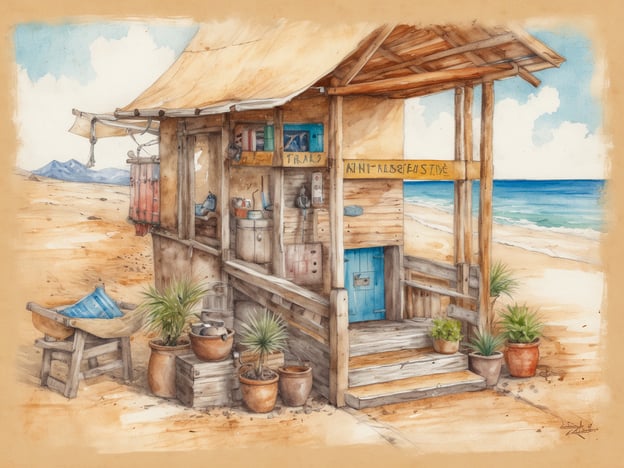 Auf dem Bild ist eine malerische Strandhütte zu sehen, umgeben von sanften Sanddünen und dem türkisfarbenen Wasser des Meeres. Die Hütte hat ein rustikales, einladendes Design mit Holzverzierungen und einem blauen Eingang. Auf der Veranda stehen Topfpflanzen, die einen Hauch von Grün hinzufügen. Kreative Nutzungsmöglichkeiten für dieses Bild könnten sein:
1. **Inspiration für eine Geschichte**: Die Hütte könnte der Schauplatz für eine Kurzgeschichte sein, in der ein Reisender ankommt und unerwartete Abenteuer erlebt.
2. **Gestaltung einer Postkarte**: Das Bild eignet sich hervorragend als Vorlage für eine Postkarte, um Urlaubsgrüße zu versenden.
3. **Kunstwerk für dein Zuhause**: Das Bild könnte als Druck in einem maritimen Umfeld aufgehängt werden, um eine entspannte, ferienhafte Atmosphäre zu schaffen.
4. **Illustration für einen Blogbeitrag**: Perfekt für einen Reiseblog, um über Strandziele oder das Leben am Meer zu schreiben.
5. **Romantische Einladung**: Als kreatives Element in einer Einladung zu einem Strandpicknick oder einer Hochzeit am Meer.
