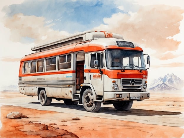 Auf dem Bild ist ein Bus abgebildet, der offensichtlich in einer kargen, wüstenähnlichen Landschaft steht. Dieser Bus könnte als Symbol für nachhaltige Reisemöglichkeiten dienen, wenn man bedenkt, dass gemeinschaftliches Reisen oft umweltfreundlicher ist als individuelle Autofahrten.Die Nutzung von Bussen anstelle von Autos trägt zur Verringerung des CO2-Ausstoßes bei und verbessert die Effizienz der Verkehrsnutzung. Außerdem könnte der Bus durch einen Umbau auf alternative Energiequellen wie Biogas oder Elektroantrieb umweltfreundlicher gestaltet werden.Die Umgebung deutet auf eine unberührte Landschaft hin, was die Bedeutung des Naturschutzes unterstreicht. Nachhaltige Praktiken im Tourismus und Verkehr können dazu beitragen, solche natürlichen Schönheiten zu erhalten und zu schützen, während wir gleichzeitig die Mobilität fördern.
