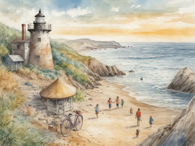 Auf dem Bild sieht man eine malerische Küstenlandschaft mit einem Leuchtturm, der an der Ostsee steht. Am Strand sind mehrere Kinder zu sehen, die miteinander spielen und den Küstenbereich erkunden. Es gibt auch einen Fahrradständer und einen kleinen Pavillon, der zum Verweilen einlädt.Für Familien, die an die Ostsee reisen, bieten sich zahlreiche Aktivitäten an:1. **Strandtage**: Entspannen am Strand, Sandburgen bauen oder schwimmen im Meer.2. **Wanderungen**: Entlang der Küste oder durch das Hinterland der Ostsee, wo man die Natur erleben kann.3. **Fahrradtouren**: Radfahren entlang der Küstenwege oder durch malerische Dörfer.4. **Wassersport**: Aktivitäten wie Windsurfen, Kitesurfen oder Kajakfahren ausprobieren.5. **Besuch von Leuchttürmen**: Einige Leuchttürme sind für Besucher geöffnet und bieten tolle Aussichten.6. **Naturerkundungen**: Tierbeobachtungen in Naturschutzgebieten oder beim Erkunden der Dünenlandschaften.Diese Aktivitäten machen den Aufenthalt an der Ostsee für die ganze Familie zu einem unvergesslichen Erlebnis!