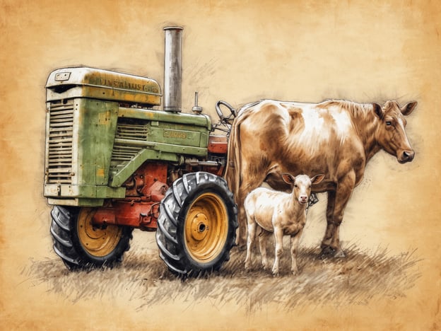 Auf dem Bild ist ein Traktor zu sehen, der typisch für einen Bauernhof ist. Neben dem Traktor stehen eine Kuh und ihr Kalb. Auf einem Bauernhof könnten verschiedene Aktivitäten stattfinden, wie zum Beispiel:
1. **Melken**: Die Kuh könnte gemolken werden, um frische Milch zu gewinnen.
2. **Füttern**: Die Tiere werden gefüttert, um sie gesund zu halten und ihre Produkte zu fördern.
3. **Erntearbeiten**: Der Traktor könnte für die verschiedenen landwirtschaftlichen Arbeiten eingesetzt werden, wie das Pflügen oder Ernten von Feldfrüchten.
4. **Pflege der Tiere**: Die Landwirte kümmern sich um das Wohl der Tiere, indem sie sie regelmäßig scheren, impfen und ihnen einen geeigneten Platz zum Leben bieten.
Solche Erlebnisse machen den Alltag auf einem Bauernhof lebendig und abwechslungsreich.