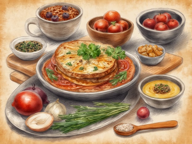 Auf dem Bild sind verschiedene kulinarische Genüsse und regionale Spezialitäten zu sehen. Es gibt unter anderem:
- Eine gehaltvolle Speise, die aus angebratenen Brotscheiben mit einer Tomatenbasis und Kräutern besteht, möglicherweise eine Art Lasagne oder Auflauf.
- Frische, rote Tomaten, die sowohl als Dekoration als auch als Beilage dienen könnten.
- Eine Schüssel mit einem herzhaften Reisgericht, eventuell eine Spezialität wie Risotto oder Pilaw.
- Eine Auswahl an Saucen oder Dips, darunter eine cremige Spezialität, die an Hummus oder eine verwandte Köstlichkeit erinnert.
- Frische Kräuter wie Petersilie oder Schnittlauch, die die Gerichte aromatisieren.
- Einige Knollen und Zwiebeln, die eine wichtige Rolle in vielen regionalen Küchen spielen.
Die Kombination der Zutaten bietet einen Einblick in eine vielfältige und geschmackvolle Küche, die durch frische, lokale Produkte geprägt ist.