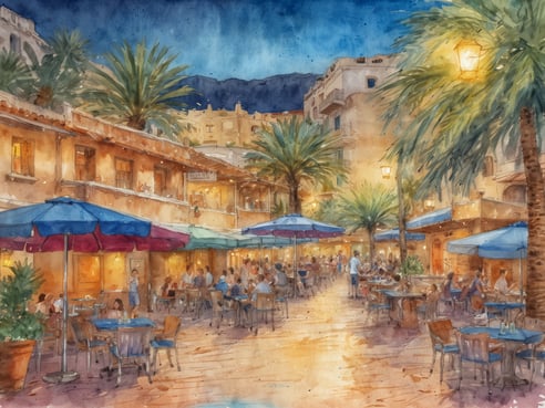 Ein malerisches Nachtleben in Cala Ratjada mit gemütlichen Terrassen unter bunten Sonnenschirmen. Die Tavernen sind von Palmen umgeben und laden dazu ein, die Atmosphäre zu genießen. Die Lichter der Umgebung schaffen eine einladende Stimmung, während die Gäste entspannt an den Tischen sitzen und das gesellige Treiben verfolgen. Die sanften Farben der Aquarellmalerei unterstreichen die Idylle dieser lebhaften Szene.