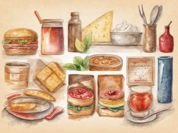 Auf dem Bild sind verschiedene kulinarische Highlights zu sehen. Oben links gibt es einen Burger mit frischen Zutaten, daneben ein Glas Marmelade und eine Flasche mit einer Flüssigkeit. Rechts daneben sieht man Käse und eine Schüssel mit einer cremigen Zutat.
In der unteren Reihe sind weitere Leckereien abgebildet: ein gebratenes Gericht auf einem Teller, einige Cracker oder Kekse und ein schmackhaftes Gericht in einem kleinen Behälter. Außerdem sind dort zwei Sandwiches zu erkennen, gefüllt mit Gemüse und möglicherweise weiteren Zutaten.
Das Bild zeigt eine bunte und appetitliche Auswahl an verschiedenen Speisen, die die Freude am Essen widerspiegeln.