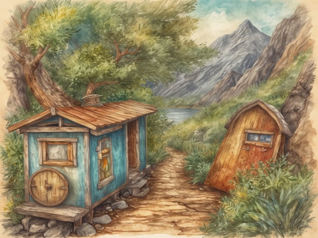 Auf dem Bild ist eine malerische Szene in der Natur zu sehen. Ein kleiner, bunt gestrichener Holzschuppen steht am Rand einen gewundenen Pfades, umgeben von grünen Bäumen und blühenden Pflanzen. Der Schuppen hat ein gemütliches Aussehen mit einem runden Fenster und einer kleinen Veranda. Neben dem Schuppen sieht man eine weitere, bunte Tür, die auf eine skurrile Art und Weise schräg steht. Im Hintergrund erheben sich majestätische Berge, und ein ruhiger See spiegelt die sanften Wolken am Himmel wider. Diese friedliche Landschaft lädt dazu ein, die Schönheit der Natur zu erkunden und vielleicht Geschichten über die Bewohner dieses charmanten Ortes zu erfinden.