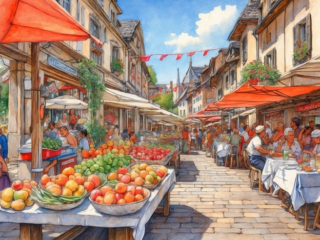 Auf dem Bild ist eine lebendige Marktszene in einer malerischen Stadt zu sehen. Die Straße ist gesäumt von Ständen, die mit einer Vielzahl von frischen Früchten, darunter Äpfel, Pfirsiche und andere Obstsorten, gefüllt sind. Die bunten Sonnenschirme und die stolz hängenden Wimpel verleihen der Szene eine festliche Atmosphäre.Solche Märkte sind oft Orte der Gemeinschaft und Kultur, wo Einheimische und Touristen zusammenkommen, um lokale Spezialitäten zu genießen. Die Menschen sitzen an Tischen und essen, was darauf hindeutet, dass möglicherweise ein Straßenfest oder eine kulinarische Veranstaltung stattfindet.Die Architektur der Häuser im Hintergrund und die angenehme Wetterlage mit blauem Himmel tragen zur einladenden Stimmung bei. Orte wie dieser sind typisch für europäische Städte, und ähnliche Strukturen könnte man auch in beliebten Touristenorten oder historischen Stadtzentren finden.