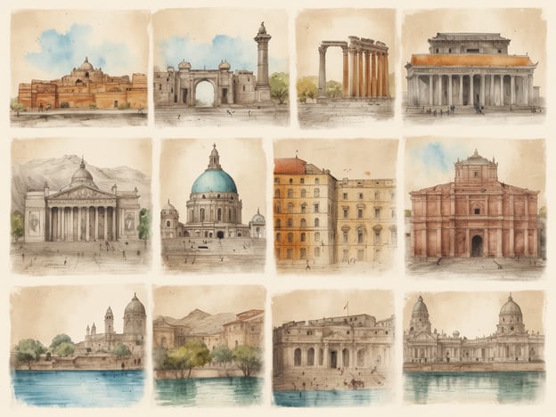 Auf dem Bild sind verschiedene architektonische Highlights zu sehen, die aus verschiedenen Kulturen stammen könnten. Die Darstellung umfasst beeindruckende Bauwerke, die durch ihre historischen und kulturellen Merkmale bestechen. Hier sind einige Beispiele:1. **Oberes Bild, links**: Möglicherweise eine Festung oder ein historisches Gebäude, das mit einer reichen Geschichte verbunden ist.2. **Oberes Bild, Mitte**: Ein Triumphbogen, der an bedeutende historische Ereignisse erinnert.3. **Oberes Bild, rechts**: Ein majestätisches Tempel- oder Regierungshaus mit beeindruckender Architektur.4. **Mittleres Bild, links**: Ein klassisches Panoramabild eines Kolonnadenbaus, das kulturellen Reichtum zeigt.5. **Mittleres Bild, Mitte**: Eine Kuppel, die möglicherweise eine Kirche oder ein wichtiges öffentliches Gebäude darstellt.6. **Mittleres Bild, rechts**: Ein weiteres beeindruckendes Bauwerk, welches durch seine Symmetrie und Eleganz auffällt.7. **Unteres Bild, links**: Ein historischer Palast oder eine Kathedrale mit auffälligen Türmen.8. **Unteres Bild, Mitte**: Ein malerisches Gebäude am Wasser, das eine entspannte Atmosphäre schafft.9. **Unteres Bild, rechts**: Ein majestätischer Platz mit mehreren beeindruckenden Gebäuden im Hintergrund.Diese Darstellung lädt dazu ein, kulturelle Highlights zu erleben und die Vielfalt und Schönheit der Architektur zu schätzen.