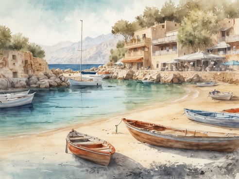 Gemütliche Hafenatmosphäre mit sanften Wellen, die an einen sandigen Strand plätschern. Kleine Boote in verschiedenen Farben liegen ruhig im Wasser, während einige am Ufer stranden. Im Hintergrund sind freundliche, hell erleuchtete Gebäude mit Terrassen und Restaurants, unter schattenspendenden Bäumen zu sehen. Die Bergkulisse zeichnet sich sanft am Horizont ab, und der Himmel zeigt sanfte Wolkenfetzen, die eine entspannte Stimmung vermitteln.