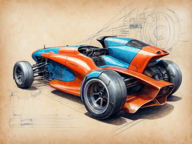 Auf dem Bild ist ein innovativer Rennwagen in auffälligen orange-blauen Farben zu sehen. Das Design zeichnet sich durch aerodynamische Linien und eine futuristische Form aus, die auf Leistungsoptimierung und Geschwindigkeit abzielt. Die offenen Struktur sowie die sichtbare Technik betonen den Fokus auf geringes Gewicht und hohe Effizienz, während breitere Reifen für besseren Grip sorgen. Die Kombination aus künstlerischem Skizzenstil und detaillierter Darstellung der Fahrzeugkomponenten vermittelt ein Gefühl von modernem Ingenieurwesen und technologischem Fortschritt.