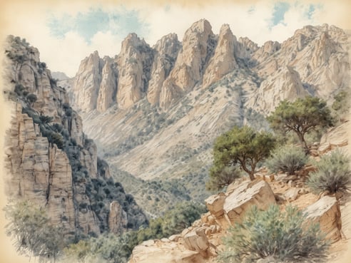 Eine majestätische Berglandschaft mit steilen, zerklüfteten Felsen erstreckt sich in einem vallonierten Tal. Die Berge sind reich an Struktur und zeigen natürliche Schichten und Rillen, die die geologische Geschichte der Region widerspiegeln. Im Vordergrund sind verstreute Felsen und Büsche zu sehen, die der Szene Tiefe verleihen. Einige grüne Bäume ragen in die Höhe und harmonieren mit der rauen Schönheit der Landschaft. Ein klarer Himmel mit sanften Wolken ergänzt das Bild und lädt zu einem Wanderabenteuer in dieser geschichtsträchtigen Region ein.
