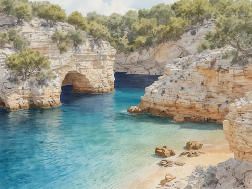 Versteckte Bucht mit exklusivem Charme, umgeben von beeindruckenden klippenähnlichen Felsen, die sanft ins türkisfarbene Wasser übergehen. Die Bucht ist von üppiger Vegetation gesäumt, und die Sonne reflektiert das klare Wasser, während kleine Steine und Sandstrände die Szenerie ergänzen. Der Himmel ist leicht bewölkt, was der friedlichen Atmosphäre einen besonderen Reiz verleiht.