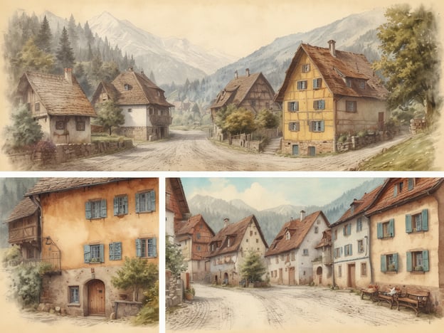Auf dem Bild ist eine malerische Szene im Schwarzwald zu sehen, die traditionelle Fachwerkhäuser und eine idyllische Dorfstraße zeigt. Die Architektur mit den charakteristischen Holzrahmen und bunten Fensterläden erinnert an Orte wie **Gengenbach**, **Vogtsburg** oder **Freudenstadt**. Umgeben von sanften Hügeln und Wäldern vermittelt die Landschaft ein Gefühl von Ruhe und ländlicher Idylle, das typisch für die Region ist. Die Struktur der Gebäude und der verwinkelte Verlauf der Straße sind charakteristisch für die gemütlichen Dörfer im Schwarzwald.