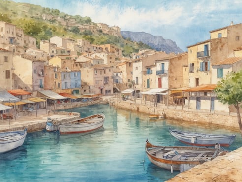Ein malerisches Bild von Port de Canonge, einem ursprünglichen Fischerdorf, das eine spektakuläre Kulisse bietet. Im Vordergrund sind mehrere kleine Boote im klaren Wasser eines ruhigen Hafens zu sehen. Am Hafenrand sind idyllische, pastellfarbene Gebäude mit Balkonen und Fenstern, eingeklemmt zwischen sanften Hügeln. Überdachte Marktstände und Sonnenschirme verleihen dem Ort einen charmanten, lebhaften Charakter. Der Himmel ist hellblau mit wenigen Wolken, was die friedliche Atmosphäre des Ortes unterstreicht.