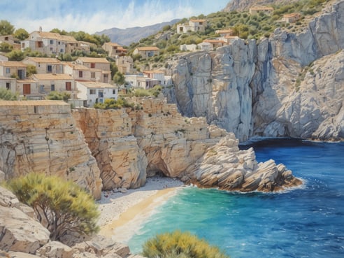 Eine malerische Küstenlandschaft in Port d'es Canonge zeigt weiße, charmante Häuser, die an den steilen Klippen thront. Das klare, türkisfarbene Wasser umspült sanfte, goldene Sandstrände, während majestätische Felsen und üppige grüne Vegetation die Szenerie rahmen. Der Himmel ist hellblau mit sanften Wolken, was eine friedliche und abgeschiedene Atmosphäre schafft. Diese unberührte Schönheit der rauen Küste lädt zur Erholung und Besinnung ein.