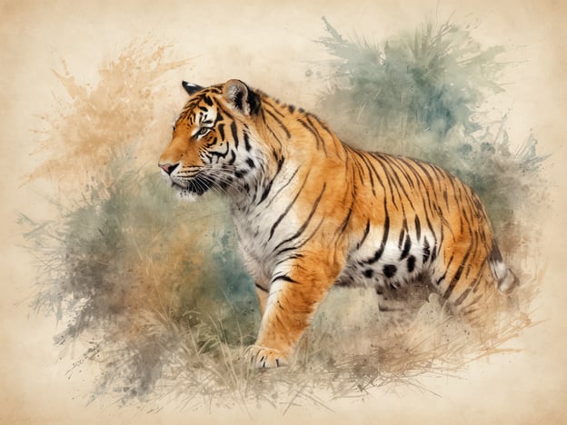Auf dem Bild ist ein majestätischer Tiger zu sehen, der durch sein eindrucksvolles Fell und die markanten Streifen besticht. Diese Tiere sind nicht nur für ihre Schönheit bekannt, sondern auch für ihre kraftvolle Präsenz in der Tierwelt.
Tigern sind geschickte Jäger und leben meist in dichten Wäldern oder Graslandschaften. Ihr Lebensraum erstreckt sich über verschiedene Teile Asiens, wo sie als Spitzenprädatoren eine wichtige Rolle im Ökosystem spielen. Die Farben des Tigers – das leuchtende Orange mit den schwarzen Streifen – bieten eine perfekte Tarnung in ihrem natürlichen Habitat.
Die Darstellung in sanften Wasserfarben vermittelt eine künstlerische Würdigung dieses beeindruckenden Tieres, das in vielen Kulturen als Symbol für Stärke und Mut verehrt wird. Tauche ein in die faszinierende Welt dieser Tiere, die geheimnisvoll und majestätisch zugleich sind.