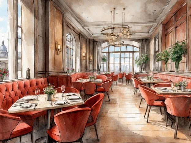 Auf dem Bild ist ein elegantes Restaurant mit einer stilvollen Inneneinrichtung zu sehen. Die Wände sind in warmen Tönen gehalten, und die Sitzgelegenheiten bestehen aus roten, gepolsterten Stühlen und Bänken. Holztische sind schön eingedeckt, und es gibt große Fenster, die viel Tageslicht hereinlassen und einen Blick nach draußen bieten. Einige Pflanzen und Blumendekorationen verleihen dem Raum eine freundliche Atmosphäre.
Im Kontext von Europa-Park könnte dies ein Beispiel für ein gemütliches Restaurant sein, wo Besucher nach einem aufregenden Tag im Freizeitpark eine entspannte Mahlzeit genießen können. Hier könnten regionale Spezialitäten sowie internationale Gerichte serviert werden, und es steht eine Auswahl an Getränken zur Verfügung, um den Besuch perfekt abzurunden.