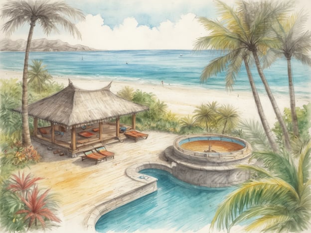 Auf dem Bild ist eine tropische Landschaft mit einem Pavillon, Sonnenliegen und einer kleinen Poollandschaft zu sehen. Die Szenerie vermittelt ein entspanntes Urlaubsgefühl am Strand.
Für einen erholsamen Urlaub sind hier drei traumhafte Inseln:
1. **Bora Bora, Französisch-Polynesien**: Bekannt für ihre atemberaubenden Lagunen und luxuriösen Überwasser-Bungalows.
2. **Malediven**: Berühmt für ihre weißen Sandstrände, türkisfarbenes Wasser und entspannende Resorts, ideal für Ruhesuchende.
3. **Koh Phi Phi, Thailand**: Bietet wunderschöne Strände, kristallklares Wasser und eine ruhige Atmosphäre, perfekt für Relaxen und Schnorcheln.
