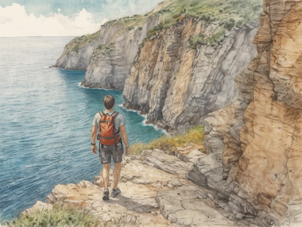 Das Bild zeigt einen Wanderer, der entlang einer steilen Küstenlinie geht, mit Blick auf das glitzernde Meer. Für Natur- und Meerliebhaber könnten folgende Aktivitäten interessant sein:
1. **Wandern**: Entdecken Sie spektakuläre Küstenwege und genießen Sie die atemberaubenden Ausblicke auf das Wasser.
2. **Vogelbeobachtung**: Halten Sie Ausschau nach verschiedenen Vogelarten, die in der Nähe von Küsten und Klippen leben.
3. **Fotografie**: Halten Sie die Schönheit der Natur und die beeindruckenden Landschaften mit der Kamera fest.
4. **Schwimmen oder Schnorcheln**: Erkunden Sie die Unterwasserwelt in der Nähe der Küste.
5. **Picknicken**: Genießen Sie ein gemütliches Picknick mit Blick auf das Meer inmitten der Natur.
Die Umgebung lädt dazu ein, die Ruhe und Schönheit der Natur voll auszukosten!