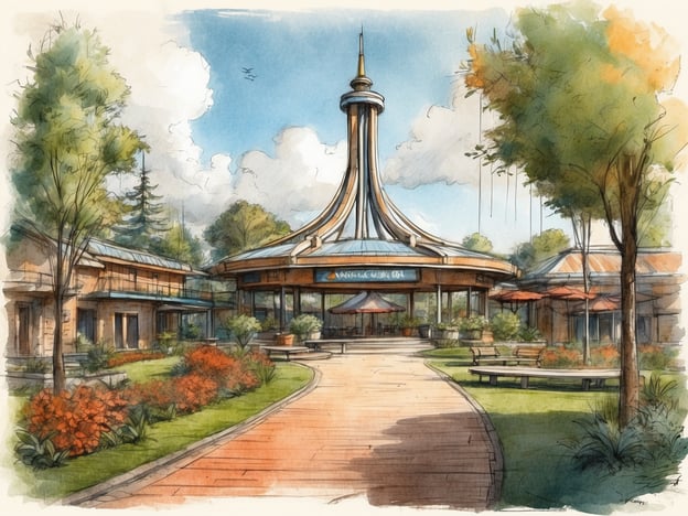 Auf dem Bild ist eine malerische Ansicht eines Gebäudes in einem Freizeitpark, das an die Atmosphäre von Phantasialand erinnert. Die Architektur hat eine ansprechende Gestaltung mit einem großen, spiralförmigen Dach, das an exotische Themen angelehnt sein könnte. Um das Gebäude herum gibt es gepflegte Gärten mit bunten Blumen und Bäumen, die eine einladende Stimmung erzeugen.
Phantasialand, gelegen in Brühl bei Köln, ist bekannt für seine vielfältigen Themenbereiche und Attraktionen, die Besucher aus aller Welt anziehen. Der Park bietet zahlreiche Fahrgeschäfte, Shows und gastronomische Angebote, die durch liebevoll gestaltete Kulissen ergänzt werden. Solche Szenen sind typisch für die magische Welt von Phantasialand, wo Fantasie und Realität miteinander verschmelzen.