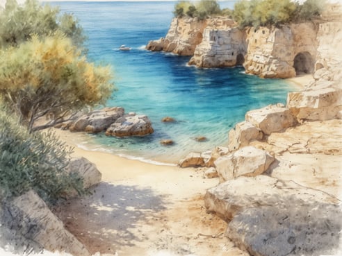 Eine ruhige Bucht mit glitzerndem, türkisfarbenem Wasser und sanften Wellen, umgeben von majestätischen Felsen und sanften grünen Bäumen. Im Vordergrund sind große, glatte Steine und ein feiner Sandstrand zu sehen. Im Hintergrund schimmert ein kleines Boot im Wasser, während die Klippen in sanften Erdtönen aufragen. Diese Szene strahlt einen entspannten Charme und eine friedliche Atmosphäre aus, ideal für eine ruhige Auszeit.