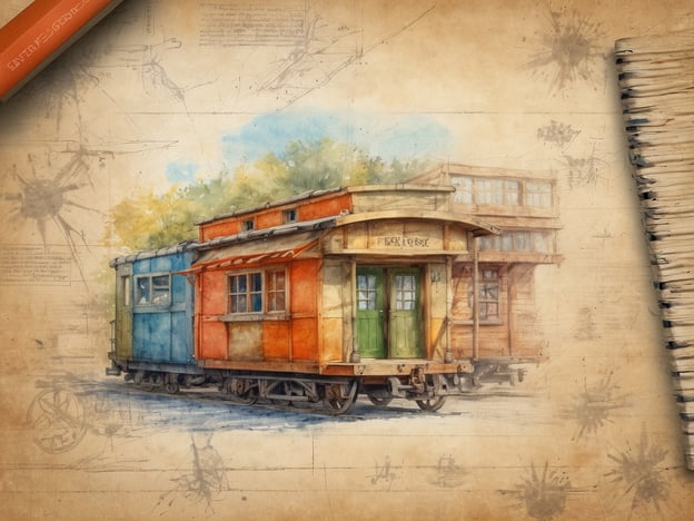 Auf dem Bild ist eine farbenfrohe, stilisierte Zeichnung von Waggons zu sehen, die auf Schienen stehen. Die Waggons sind in verschiedenen lebhaften Farben, wie Blau, Orange und Grün, gestaltet. Der Hintergrund ist sanft gehalten, was das Bild harmonisch wirken lässt.Erlebe die Vielfalt der holländischen Kultur, die sich auch in ihrer Tradition des Bahnhofsbetriebs und der farbenfrohen Gestaltung von Transportmitteln widerspiegelt. Diese Waggons könnten an die kreativen und charakteristischen Elemente erinnern, die oft in den verschiedenen Regionen der Niederlande zu finden sind.