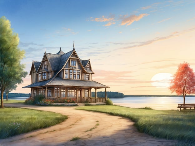 Auf dem Bild ist ein malerisches, viktorianisches Haus zu sehen, das idyllisch am Ufer eines Gewässers steht. Die Umgebung ist von üppigem Grün und bunten Blumen geprägt, während die Sonne langsam untergeht und eine warmen Beleuchtung erzeugt.Einheimische Geheimtipps für solche Orte könnten sein:1. **Früh aufstehen**: Um den Sonnenaufgang in dieser ruhigen Kulisse zu erleben und die Natur in voller Pracht zu genießen.2. **Picknick planen**: Das Gelände bietet sich hervorragend für ein entspanntes Picknick am Wasser, um die Ruhe zu genießen.3. **Lokale Märkte besuchen**: In der Nähe könnte es Wochenmärkte geben, wo frische Produkte und handgemachte Waren angeboten werden – ideal für Feinschmecker.4. **Wanderwege erkunden**: Oft gibt es versteckte Wanderwege in der Umgebung, die zu wunderschönen Aussichtspunkten führen.Insgesamt vermittelt das Bild eine friedliche Atmosphäre, die zum Entspannen einlädt.