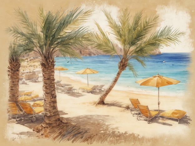 Ein sonniger Strand auf Mallorca mit Palmen im Vordergrund. Am Ufer stehen mehrere Liegen mit gelben Auflagen, und sonnige, gelbe Schirme bieten Schatten. Der Blick reicht über das ruhige, blaue Wasser bis zu sanften Hügeln im Hintergrund. Die Stimmung wirkt entspannend und einladend, ideal für einen Tag am Meer. Wie warm ist es auf Mallorca?