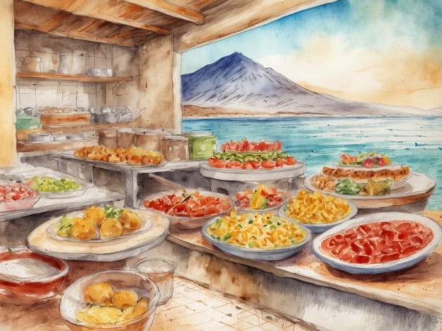 Auf dem Bild sind verschiedene kulinarische Spezialitäten zu sehen, die in einem Restaurant oder einer Küche direkt am Wasser präsentiert werden. Es gibt eine Vielzahl von Gerichten, darunter verschiedene Salate, Gemüse, Meeresfrüchte und Brot. Im Hintergrund ist eine schöne Aussicht auf das Wasser und einen Berg zu erkennen.
Genieße die kulinarischen Highlights Fuerteventuras! Dort kannst du frisch zubereitete Speisen mit lokalen Zutaten und atemberaubendem Ausblick auf das Meer erleben.