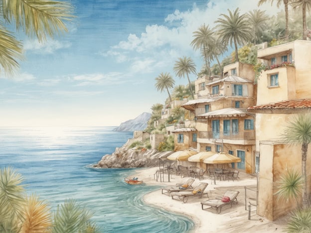 Eine malerische Küstenlandschaft mit hellblauen Wasser, sanften Wellen und einem klaren Himmel. An der Küste sind charmante, gelbe und beige Häuser mit blauen Fenstern zu sehen, umgeben von hohen Palmen. Am Strand stehen Liegestühle und Sonnenschirme, die zum Entspannen einladen. In der ruhigen Bucht liegt ein kleines Boot. Die gesamte Szene vermittelt ein Gefühl von Ruhe und natürlicher Schönheit.