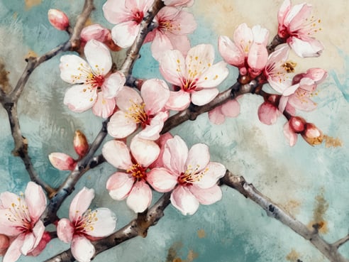 Zwei blühende Mandelzweige sind zu sehen, die mit zahlreichen zarten, rosa-weißen Blüten geschmückt sind. Die Blüten haben gelbe Staubgefäße und sind von mehreren Knospen umgeben. Der Hintergrund ist in sanften Blau- und Grautönen gehalten, die die Schönheit der Blüten hervorheben. Die Mandelblüte auf Mallorca findet in der Regel von Januar bis März statt.