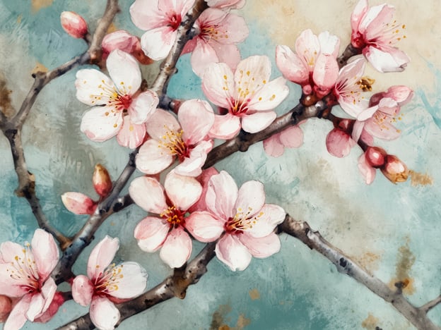 Zwei blühende Mandelzweige sind zu sehen, die mit zahlreichen zarten, rosa-weißen Blüten geschmückt sind. Die Blüten haben gelbe Staubgefäße und sind von mehreren Knospen umgeben. Der Hintergrund ist in sanften Blau- und Grautönen gehalten, die die Schönheit der Blüten hervorheben. Die Mandelblüte auf Mallorca findet in der Regel von Januar bis März statt.