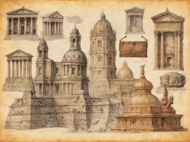 Auf dem Bild sind verschiedene historische Gebäude und Monumente im römischen Stil zu sehen, die die Architektur und Kultur des antiken Rom widerspiegeln. Es scheinen Tempel, Kuppeln und andere monumentale Strukturen abgebildet zu sein, die für die historische Pracht Roms stehen. Die Darstellung vermittelt ein Gefühl für die künstlerische und architektonische Vielfalt, die die Stadt prägt.
Die historischen Schätze Roms erkunden, bietet die Möglichkeit, in die faszinierende Geschichte und Architektur dieser einst mächtigen Zivilisation einzutauchen.