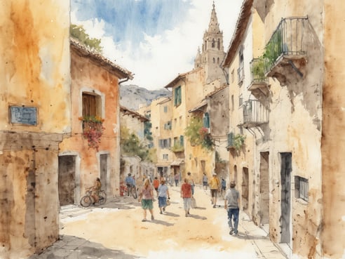 Eine malerische Straße in einem Dorf auf Mallorca, umgeben von bunten Häusern mit Blumenkästen. Die Architektur ist typisch für die Region, mit warmen Farben und geschmackvollen Details. Menschen schlendern durch die Straße, einige reden miteinander, während andere in gemütlicher Stimmung die Umgebung genießen. Im Hintergrund ist ein Kirchturm sichtbar, der die Szene prägt. Diese typische mediterrane Atmosphäre zieht viele Deutsche an, die auf der Insel leben.