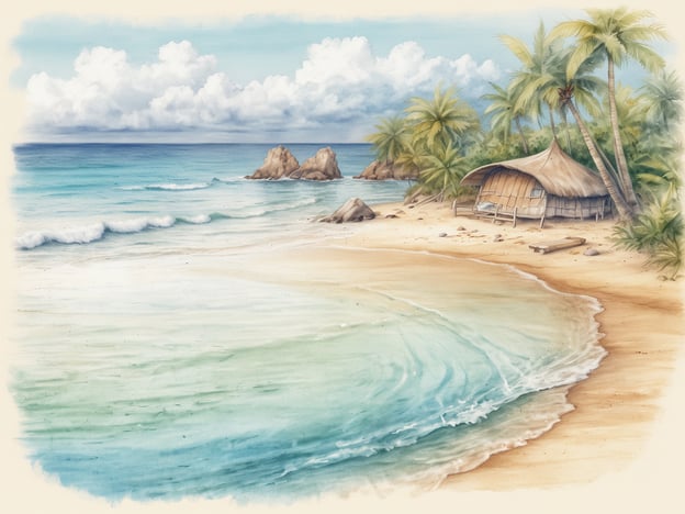 Auf dem Bild ist ein idyllischer Strand mit sanften Wellen zu sehen, die sanft an den goldenen Sand plätschern. Im Hintergrund ragen einige Felsen aus dem Wasser, und die Uferlinie wird von palmenbestandenen Hügeln gesäumt. Rechts im Bild steht eine kleine Hütte aus Holz und Stroh, die ein perfekter Rückzugsort für Erholungssuchende ist.Stell dir vor, du bist an einem tropischen Ort, vielleicht auf einer abgelegenen Insel wie den Malediven oder in der Karibik. Die warmen Sonnenstrahlen umhüllen dich, während der Duft des Meeres und das sanfte Rauschen der Wellen eine beruhigende Atmosphäre schaffen. Du könntest in das klare Wasser eintauchen, schnorcheln oder einfach nur die Seele baumeln lassen, während du die beeindruckende Landschaft genießt.