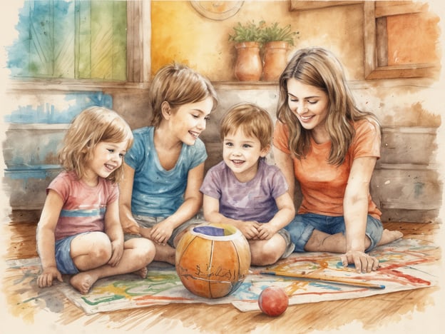 Auf dem Bild sind eine Mutter und ihre drei Kinder zu sehen, die gemeinsam aktiv sind. Sie sitzen auf einem bunten Teppich, umgeben von verschiedenen Spielsachen. Die Kinder scheinen Spaß zu haben und miteinander zu interagieren. Aktivitäten für die ganze Familie könnten hier beinhalten:1. **Brettspiele spielen** – Alle zusammen können sie ein altersgerechtes Spiel wählen.2. **Malen oder Basteln** – Kreative Projekte mit Farben und Bastelmaterialien fördern die Kreativität.3. **Geschichten vorlesen** – Zusammen ein Buch lesen oder Geschichten erzählen, um die Fantasie anzuregen.4. **Musik machen** – Instrumente spielen oder zusammen singen kann viel Freude bringen.Solche gemeinsamen Aktivitäten stärken das Familienband und bieten viel Spaß für alle.