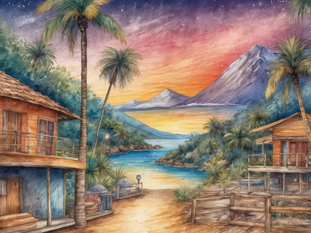 Auf dem Bild ist eine malerische Landschaft mit Palmen, Hütten und einem Gewässer zu sehen, umgeben von Bergen und einem farbenfrohen Abendhimmel. Diese Art von Umgebung könnte inspirierend für Reisen zu den besten Silvesterzielen sein.Einige beliebte Reiseziele für Silvester sind:1. **Sydney, Australien** – Bekannt für sein spektakuläres Feuerwerk über dem Opernhaus.2. **New York City, USA** – Der berühmte Ball Drop am Times Square zieht jedes Jahr Millionen an.3. **Rio de Janeiro, Brasilien** – Silvesterfeiern mit Stränden und Feiern in Weiß sind hier Tradition.4. **Bangkok, Thailand** – Lebhafte Partys und beeindruckende Tempel im Hintergrund.5. **Reykjavik, Island** – Eine außergewöhnliche Kulisse mit einem faszinierenden Himmel voller Nordlichter.Diese Ziele bieten wunderschöne Kulissen und unvergessliche Erlebnisse zum Jahreswechsel.
