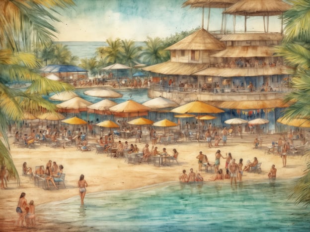 Auf dem Bild ist eine lebendige Strandlandschaft zu sehen, die eine entspannte Atmosphäre vermittelt. Die Szenerie könnte eine exotische Destination für Neujahrsfeiern darstellen, wie zum Beispiel:1. **Bali, Indonesien** – Ein beliebter Ort für traumhafte Strandpartys mit fantastischen Feuernächten.2. **Cancún, Mexiko** – Bekannt für seine pulsierenden Strandclubs und Silvesterfeiern mit spektakulären Feuerwerken.3. **Malediuen** – Hier kann man in luxuriösen Resorts den Jahreswechsel mit leckeren Cocktails und traumhaften Ausblicken feiern.4. **Phuket, Thailand** – Berühmt für seine lebhaften Strände und aufregenden Partys, die das neue Jahr mit bunten Festlichkeiten willkommen heißen.Diese Orte sind ideal, um Neujahr unter Palmen zu feiern und die Sonne zu genießen!