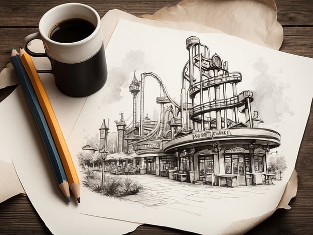 Auf dem Bild ist eine Skizze eines Freizeitparks oder einer Unterhaltungseinrichtung zu sehen, die einige Fahrgeschäfte und Verkaufsstände zeigt. Neben der Skizze steht eine Tasse Kaffee und mehrere Buntstifte.
Wenn du deinen Besuch planst, solltest du überlegen, welche Attraktionen und Fahrgeschäfte dir am meisten zusagen. Achte darauf, die Öffnungszeiten zu prüfen und eventuell Tickets im Voraus zu buchen, um Wartezeiten zu vermeiden. Es könnte auch hilfreich sein, eine Liste der Aktivitäten zu erstellen, die du nicht verpassen möchtest.