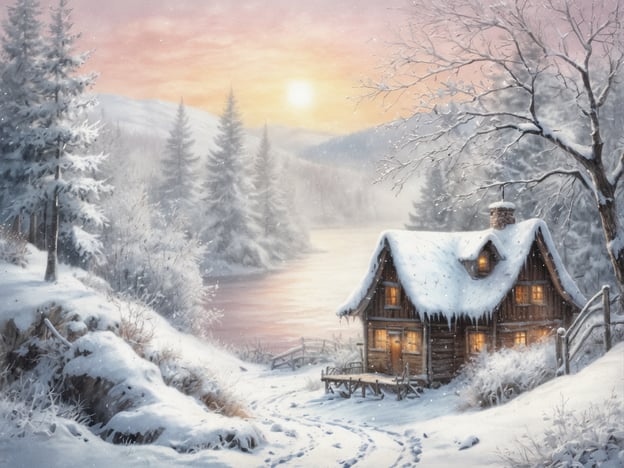 Auf dem Bild ist eine malerische Winterlandschaft zu sehen. Eine gemütliche, mit Schnee bedeckte Holzhütte steht am Ufer eines ruhig fließenden Gewässers. Die Umgebung ist von schneebedeckten Bäumen umgeben und die sanften Hügel im Hintergrund werden von einem warmen, sanften Licht erleuchtet, während die Sonne aufgeht oder untergeht. Die Szene strahlt eine friedliche und einladende Atmosphäre aus, perfekt für einen einzigartigen Jahreswechsel in einer magischen Winterlandschaft.