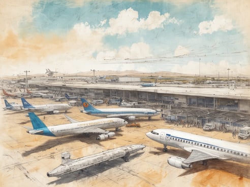 Auf dem Bild sind mehrere Flugzeuge auf einem belebten Flughafenparkplatz abgebildet. Im Vordergrund sind verschiedene Modelle von Flugzeugen, darunter Jets und Propellerflugzeuge, zu sehen. Einige Flugzeuge stehen still, während andere sich bereit machen zu starten oder zu landen. Im Hintergrund sind die Terminals des Flughafens sowie weitere Flugzeuge zu erkennen. Der Himmel ist blau mit einigen Wolken, was eine klare und sonnige Atmosphäre schafft. Mallorca hat einen Hauptflughafen, den Flughafen Palma de Mallorca, während es mehrere kleinere Landeplätze gibt.