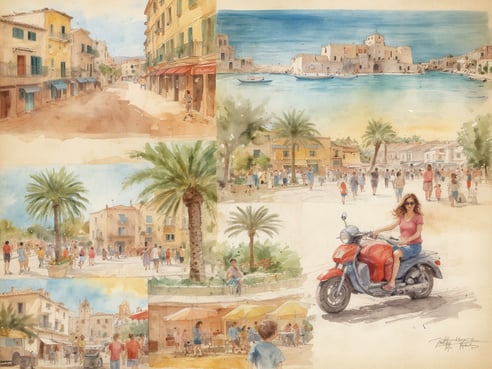 Eine Aquarellillustration zeigt eine belebte mediterrane Szenerie auf Mallorca. In der oberen linken Ecke ist eine ruhige Straße mit bunten Häusern und Geschäften zu sehen. Im oberen Bereich schimmert das Wasser des Hafens, in dem Boote schwimmen, und ein historisches Gebäude ist am Ufer sichtbar. Der mittlere Teil zeigt eine große Palme in einer belebten Plaza, umgeben von Menschen in unterschiedlichen Freizeitaktivitäten. In der unteren rechten Ecke sitzt eine Frau auf einem roten Motorrad, während im Hintergrund weitere Besucher die Straße entlang bummeln. Die Szenerie strahlt eine entspannte Urlaubsatmosphäre aus, ideal für Familien mit Kindern.
