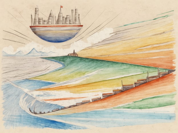 Auf dem Bild ist eine fantasievolle Szene zu sehen, die eine Mischung aus Landschaft und Architektur darstellt. Im oberen Teil schwebt eine futuristische Stadt oder Struktur über einer geschwungenen Küstenlinie. Die Farben des Bildes sind lebhaft und reichen von Blau und Grün bis zu Orange und Gelb, was eine sonnige, optimistische Atmosphäre vermittelt.**Rückreise:** Dieses Bild könnte den Betrachter an eine imaginäre Welt erinnern, in der Technik und Natur harmonisch zusammenleben. Es lädt dazu ein, über mögliche Zukunftsvisionen nachzudenken und über die Beziehung zwischen Mensch und Umwelt zu reflektieren.**Nachbereitung:** Nach dem Betrachten des Bildes kann man sich Fragen stellen wie: Was könnte die Stadt in der Luft symbolisieren? Welche Botschaft wird durch die Darstellung der verschiedenen Farben und Landschaften vermittelt? Solche Überlegungen helfen, das Gesehene tiefer zu erfassen und eigene Interpretationen zu entwickeln.