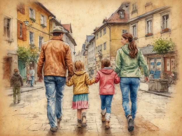 Auf dem Bild sieht man eine Familie, die gemütlich durch eine Stadt mit bunten Häusern spaziert. Das könnte eine schöne Gelegenheit sein, interessante Orte in Deutschland zu erkunden. Hier sind einige kinderfreundliche Reiseziele:
1. **Heidelberg**: Bekannt für das beeindruckende Schloss und die malerische Altstadt. Es gibt viel Raum zum Spielen und Entdecken.
2. **Legoland Deutschland**: Ein spannender Freizeitpark in Günzburg, wo Kinder in die Welt von LEGO eintauchen können.
3. **Sächsische Schweiz**: Ideal für Familien, die gerne wandern und die Natur genießen. Es gibt viele Wanderwege, die für Kinder geeignet sind.
4. **Europa-Park**: Ein großer Freizeitpark mit vielen Fahrgeschäften und Unterhaltung für alle Altersgruppen.
5. **Miniatur Wunderland in Hamburg**: Hier können Kinder die größte Modelleisenbahn der Welt bewundern und vieles mehr entdecken.
Diese Ziele sind perfekt für einen Familienausflug!