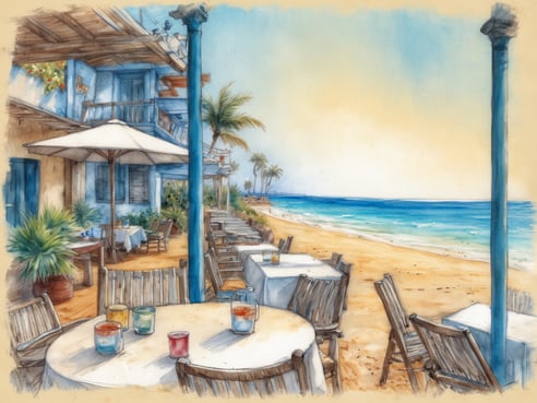 Ein malerischer Strandblick von einem Restaurant in Mallorca, das zum Verweilen einlädt. Im Vordergrund stehen Tische mit bunten Gläsern, die unter einem Sonnenschirm platziert sind. Die Umgebung ist geprägt von palmenbewachsenen Stränden und dem klaren blauen Wasser des Meeres, während die Häuser mit blauen Fassaden und Balkonen im Hintergrund sichtbar sind. Die warme Atmosphäre und der sanfte Sonnenuntergang verleihen dem Ort romantischen Charme, ideal für Paare.